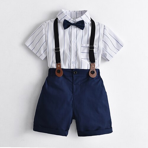 

4 Peças Infantil Para Meninos Camisa Shorts Conjunto Equipamento Listra Manga Curta Solto Algodão Definir Formal □ Gentil Verão 2-8 anos Azul