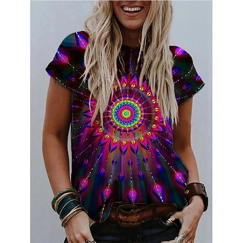 

Mujer Camiseta Arco Iris Graphic Tribal Retazos Estampado Manga Corta Casual Diario Básico Escote Redondo Regular S