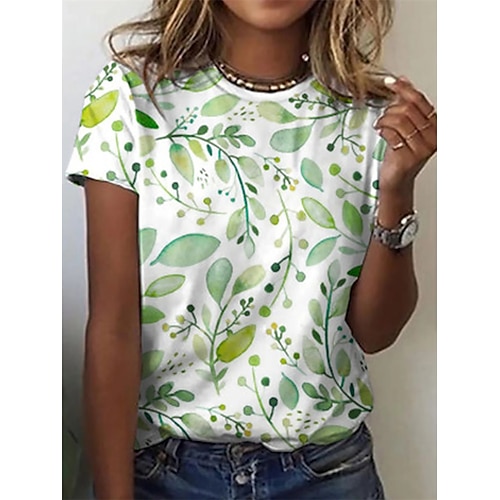 

Women's Floral Theme T shirt Floral Plants Print Round Neck Basic Tops Green / 3D Print