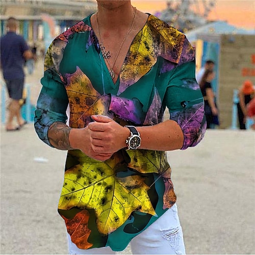

Men's Shirt Leaves V Neck Casual Daily Print Long Sleeve Tops Casual Fashion Designer Comfortable Blue