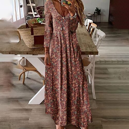 

Women's A Line Dress Maxi long Dress Red Long Sleeve Floral Print Spring Summer V Neck Casual Vacation 2022 S M L XL XXL