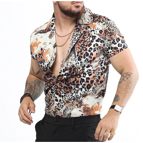 

Men's Shirt 3D Print Leopard Turndown Street Casual Button-Down Print Short Sleeve Tops Casual Fashion Designer Breathable Yellow