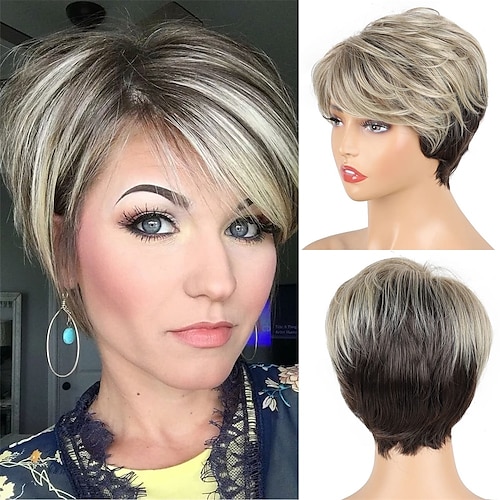 

Pixie Cut Wigs Short Blonde Wigs for White Women Pixie Cut Wigs with Bangs Ombre Brown Hair Wigs for Women Short Curly Hair Wig Natural Straight Hair Synthetic Wigs Mixed Brown Wigs