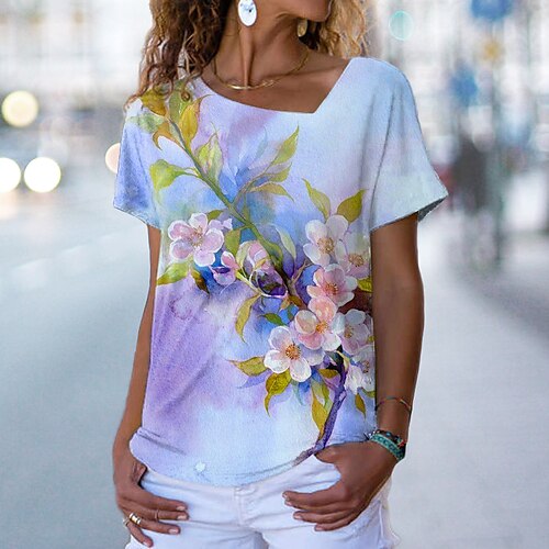 

Women's T shirt Tee Blue Floral Print Short Sleeve Casual Weekend Basic V Neck Regular Floral Painting S / 3D Print