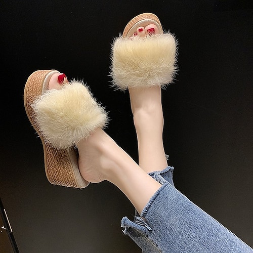 

Women's Slippers Daily Fuzzy Slippers Fluffy Slippers Plus Size Outdoor Slippers Summer Flat Heel Round Toe Casual Walking Shoes PU Leather Loafer Solid Colored Black Rosy Pink Gray