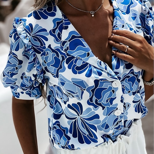 

Women's Blouse Shirt Blue Pink Red Floral Button Print Short Sleeve Daily Holiday Streetwear Casual Shirt Collar Regular Floral S / 3D Print