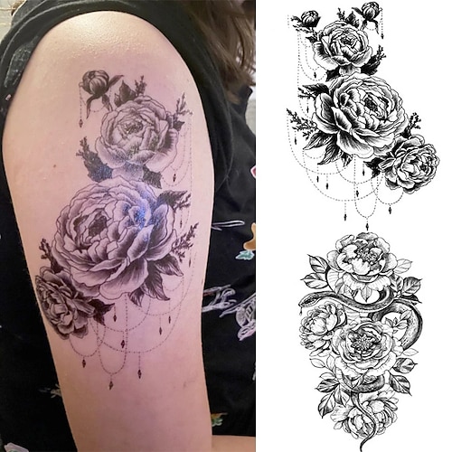 

2PCS Black Roses Snake Temporary Tattoo Sticker Flower Pattern Design Waterproof Full Arm Body Art Big Large Fake Tattoo Sticker