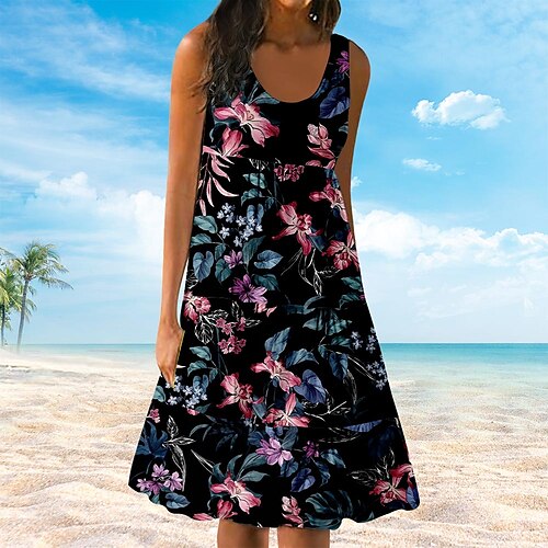 

Women's Shift Dress Knee Length Dress Black And White Black gray White Purple Pink Sleeveless Floral Leopard Print Spring Summer Crew Neck Casual Linen S M L XL XXL 3XL 4XL 5XL