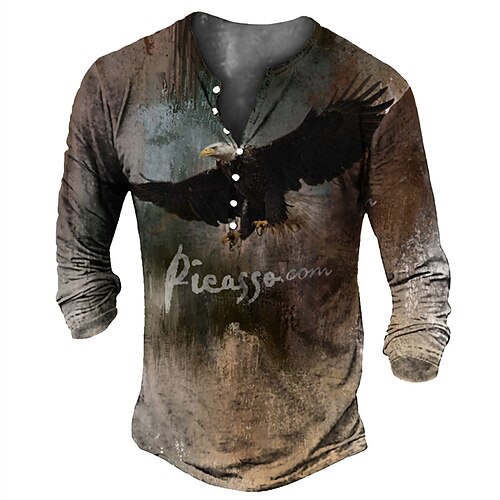 

Men's Henley Shirt Tee T shirt 3D Print Graphic Eagle Plus Size Henley Daily Sports Button-Down Print Long Sleeve Tops Basic Classic Designer Big and Tall Brown