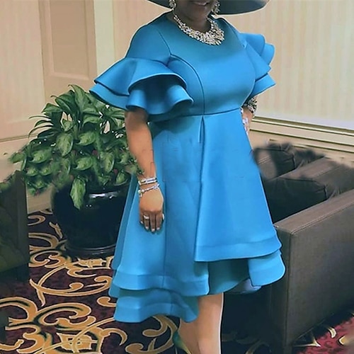 

Women's A Line Dress Maxi long Dress Blue Short Sleeve Pure Color Layered Ruffle Spring Summer Crew Neck Party Personalized Elegant 2022 S M L XL XXL 3XL / Party Dress