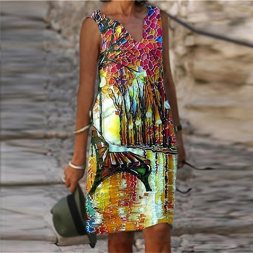 

Mujer Vestido de cambio Morado Rojo Azul claro Sin Mangas Estampado Primavera Verano Escote en Pico Holgado 2022 S M L XL XXL 3XL 4XL 5XL
