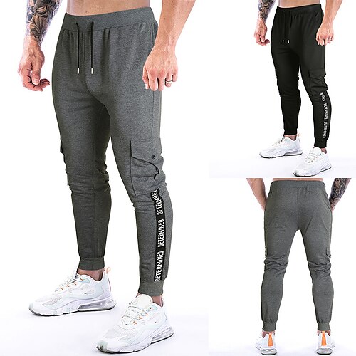 

Men's Active Joggers Trousers Pocket Drawstring Elastic Waist Letter Comfort Breathable Full Length Casual Daily Going out 100% Cotton Sports Stylish Dark Gray Black Micro-elastic