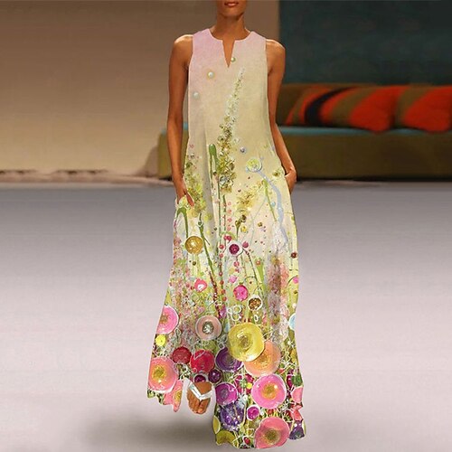 

Women's A Line Dress Maxi long Dress Beige Sleeveless Floral Pocket Print Spring Summer Round Neck Elegant Casual Vacation 2022 S M L XL XXL 3XL