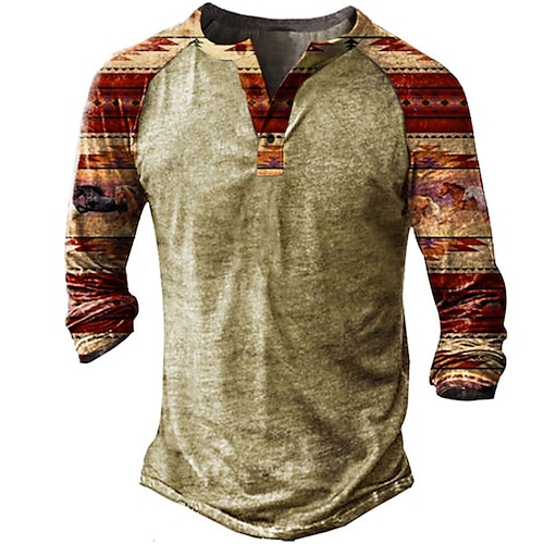 

Men's T shirt Tee Henley Shirt Graphic Color Block Henley Khaki 3D Print Street Casual Long Sleeve Button-Down Print Clothing Apparel Basic Boho Classic Comfortable / Sports