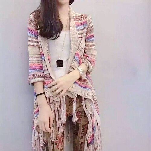 

Women's Cardigan Tassel Knitted Striped Stylish Ethnic Style Elegant 3/4 Length Sleeve Sweater Cardigans Open Front Spring Summer Black Khaki Navy Blue