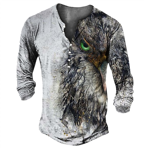 

Men's T shirt Tee Henley Shirt Tee Graphic Eagle Henley Gray 3D Print Plus Size Outdoor Daily Long Sleeve Button-Down Print Clothing Apparel Basic Vintage Designer Classic / Sports