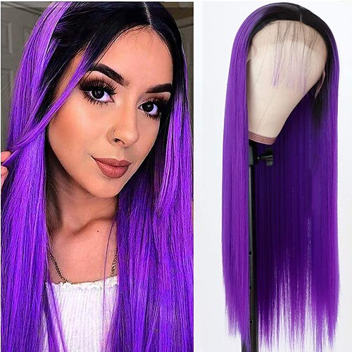 

Synthetic Lace Wig Straight Style 12-26 inch Purple Middle Part 133Closure Wig Women's Wig Black / Purple