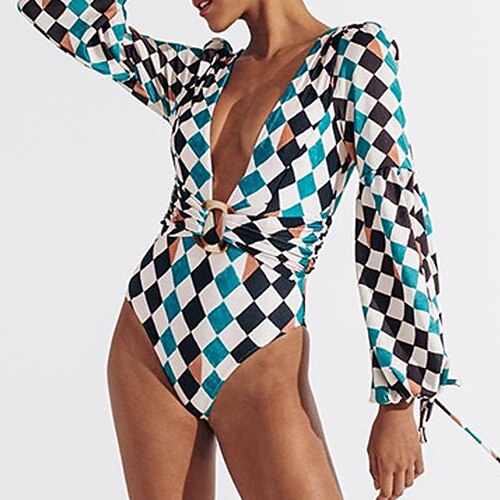 

Women's Swimwear One Piece Monokini Rash Guard Bathing Suits Swimsuit Tummy Control Open Back Blue Plunge Bathing Suits New Vacation Fashion / Modern / Padded Bras
