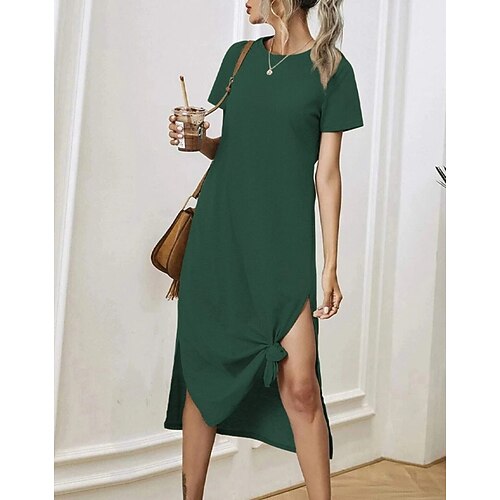 

Women's A Line Dress Midi Dress Green Short Sleeve Solid Color Ruched Spring Summer Crew Neck Elegant Casual 2022 S M L XL XXL 3XL