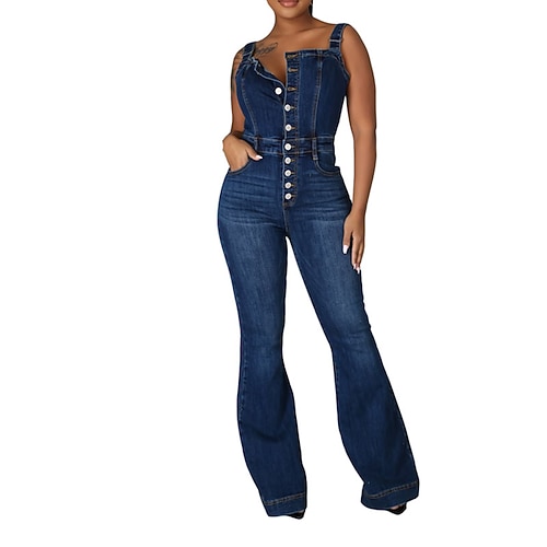 

Women's Jumpsuit Backless Pocket Solid Color Square Neck Casual Street Daily Regular Fit Sleeveless Blue S M L Spring