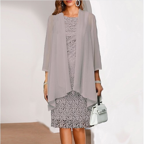 

Mujer Vestido de dos piezas Vestido Midi Gris Manga 3/4 Frunce Primavera Verano Cuello Barco 2022 S M L XL XXL 3XL