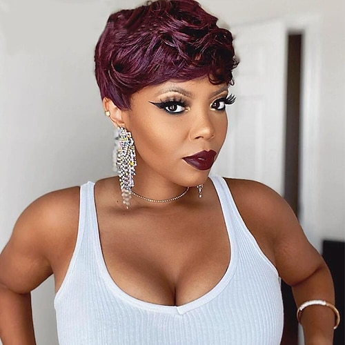 

Short Human Hair Wig with Bang Full Machine Made For Black Women Natural Wave Pixie Cut 130% Density Capless Wig None Lace Wig Dark Wine#99J