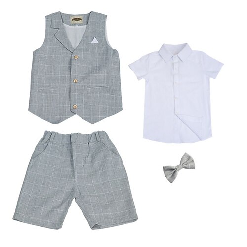 

4 Pieces Kids Boys FormalSet Clothing Set Outfit Plaid Short Sleeve Cotton Set Formal Gentle Preppy Style Spring Summer 4-13 Years Blue Pink Gray