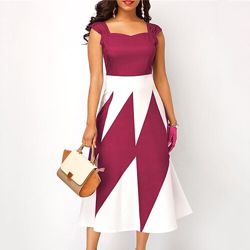 

Women's Work Dress Midi Dress Black Blue Purple Sleeveless Geometric Print Spring Summer Square Neck Modern 2022 S M L XL XXL 3XL 4XL 5XL