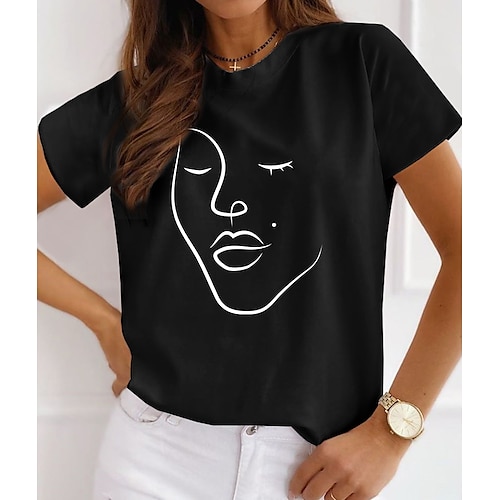 

Women's T shirt Tee White Black Portrait Print Short Sleeve Casual Weekend Basic Round Neck Regular Cotton Abstract Portrait Painting S