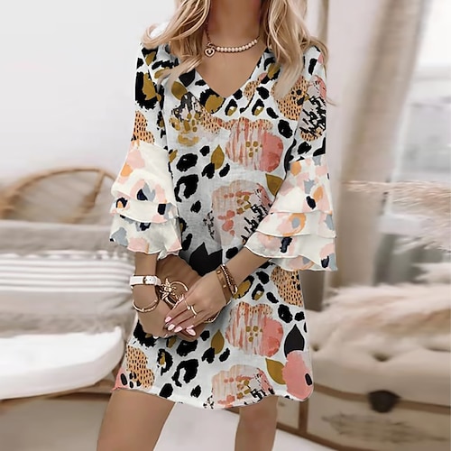 

Women's A Line Dress Short Mini Dress White 3/4 Length Sleeve Print Print Spring Summer V Neck Casual Vacation Flare Cuff Sleeve 2022 S M L XL XXL 3XL
