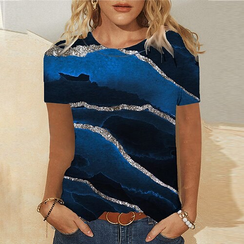 

Women's Geometric T shirt Geometric Print Round Neck Vintage Tops Green Blue Navy Blue / 3D Print