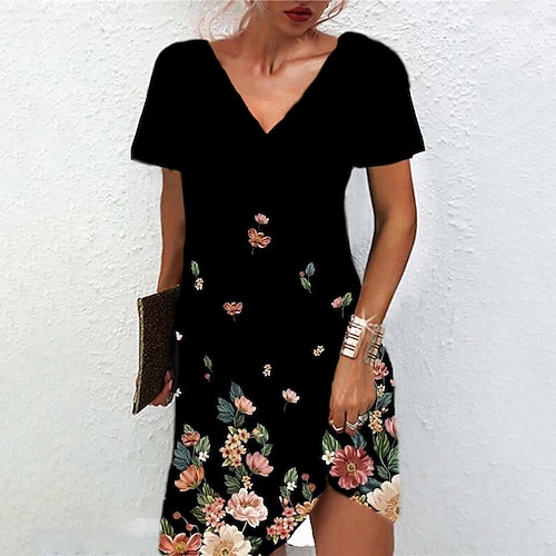 

Women's A Line Dress Short Mini Dress Black Short Sleeve Floral Print Spring Summer V Neck Casual Vacation 2022 S M L XL XXL 3XL