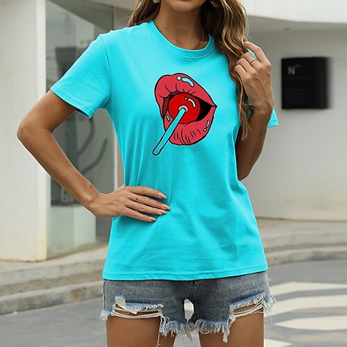 

Women's T shirt Graphic Lip Mouth Print Round Neck Basic Tops Green Blue White