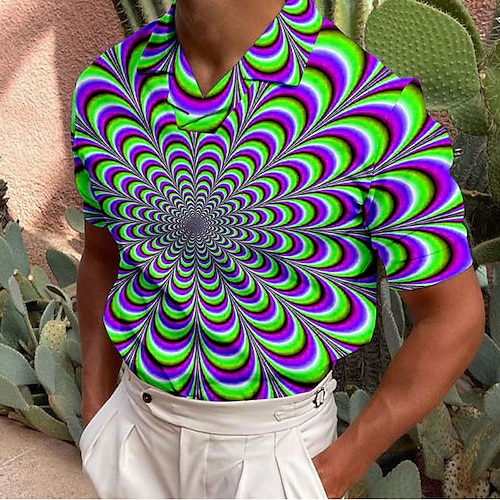 

Men's Collar Polo Shirt Optical Illusion Golf Shirt Turndown Green Blue Purple Black 3D Print Casual Daily Short Sleeve Button-Down Print Clothing Apparel Fashion Designer Casual Breathable / Sports