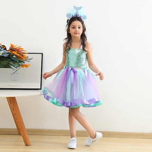 

Kids Girls' Dress Sequin Strap Dress Above Knee Dress Performance Mesh Tulle Sleeveless Cute Dress 3-12 Years Spring Mint color Rose Red