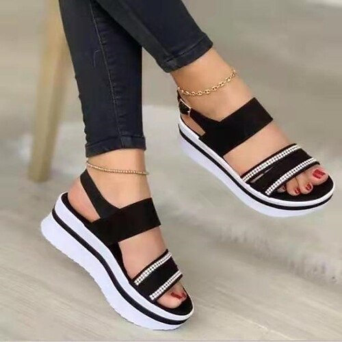 

Women's Sandals Rhinestone Wedge Heel Peep Toe Casual Daily Walking Shoes PU Leather Ankle Strap Spring Summer Solid Colored Black Rosy Pink Light Red
