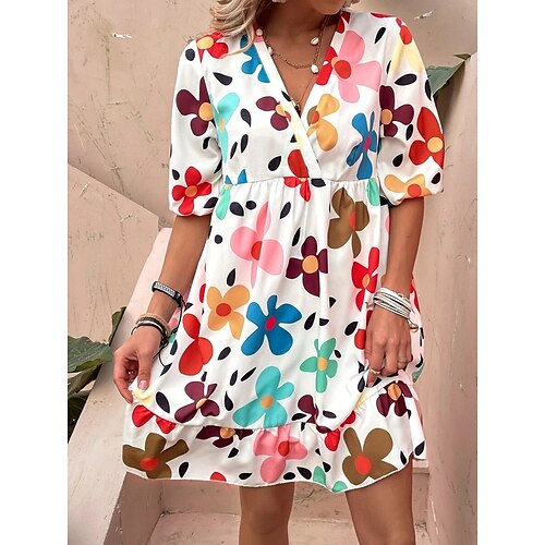

Women's Shift Dress Short Mini Dress Rainbow Half Sleeve Floral Ruffle Patchwork Puff Sleeve Summer V Neck Stylish Elegant Casual Puff Sleeve 2022 S M L XL