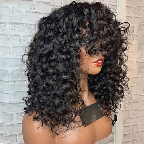 

Remy Human Hair Wig Curly With Bangs Natural Black Capless Brazilian Hair Women's Natural Black #1B 8 inch 10 inch 12 inch Party / Evening Daily Wear Vacation