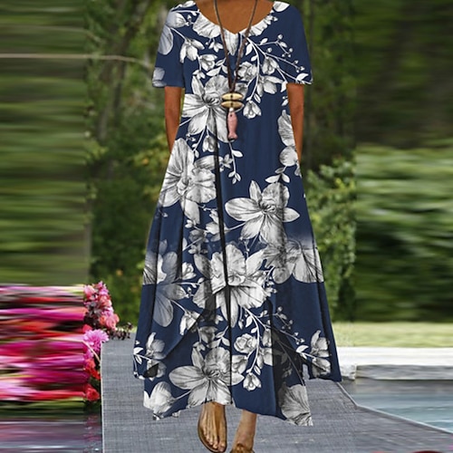 

Women's A Line Dress Midi Dress Blue Purple Fuchsia Royal Blue Dark Blue 3/4 Length Sleeve Floral Tie Dye Pocket Print Spring Summer V Neck Stylish Elegant 2022 M L XL XXL 3XL 4XL 5XL
