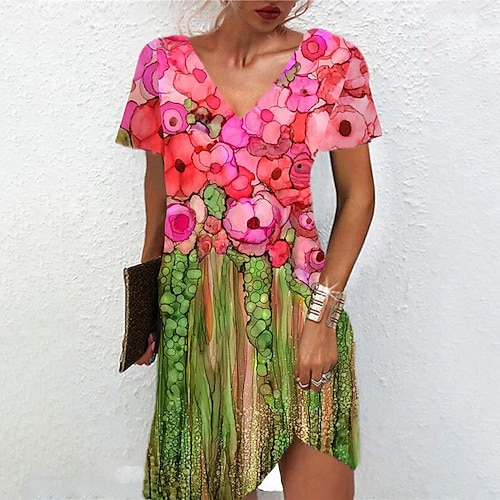 

Women's A Line Dress Short Mini Dress Pink Short Sleeve Floral Print Spring Summer V Neck Casual Vacation 2022 S M L XL XXL 3XL