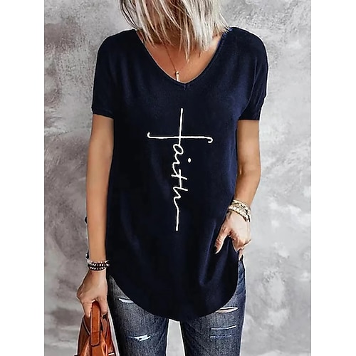 

Women's T shirt Letter Print V Neck Basic Tops Loose Green Blue Black