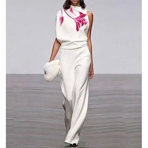 

Women's Jumpsuit Print Floral Crew Neck Elegant Party Prom Straight Regular Fit Sleeveless White S M L Spring