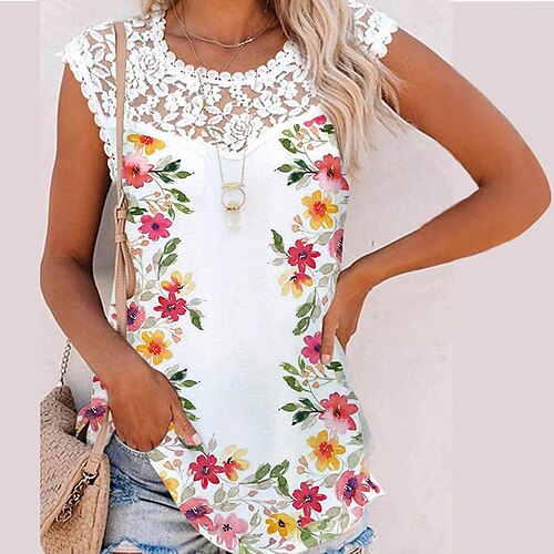 

Débardeur Femme Blanche Vert Claire Rose Claire Floral Plume Dentelle Imprimer Sans Manches Casual Vacances basique Col V Normal Standard Fleur S