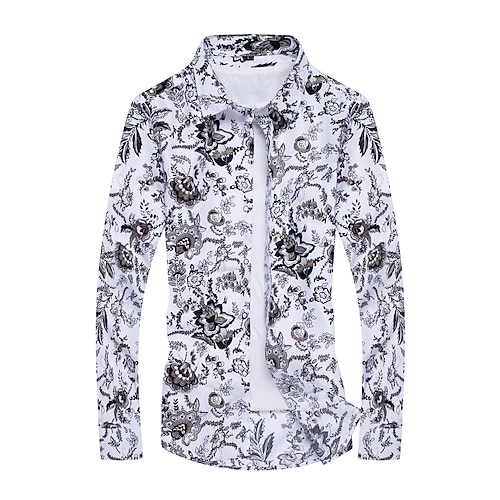 

Men's Shirt Print Graphic Classic Collar Holiday Going out Print Long Sleeve Tops Casual Beach White