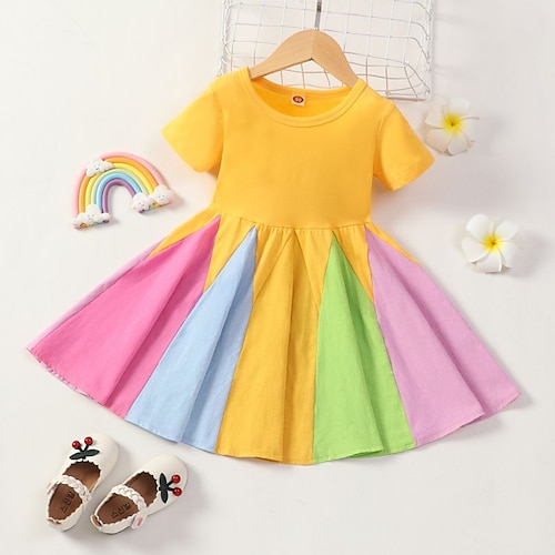 

Kids Little Girls' Dress Patchwork Color Block A Line Dress Daily Patchwork Pink Yellow Above Knee Short Sleeve Beautiful Cute Dresses Spring Summer Regular Fit 2-6 Years