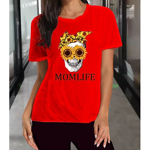 

Women's Floral Theme Painting T shirt Text Skull Sunflower Print Round Neck Basic Tops White Wine Light gray