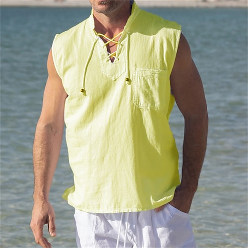 

Men's Shirt Solid Color Stand Collar Street Casual Drawstring Sleeveless Tops Casual Fashion Breathable Comfortable White Yellow