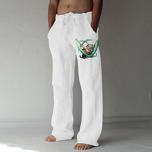 

Inspired by Demon Slayer: Kimetsu no Yaiba Inosuke Hashibira Linen Pants Straight Trousers Cotton Blend Anime Elastic Drawstring Design Front Pocket Pants For Men's