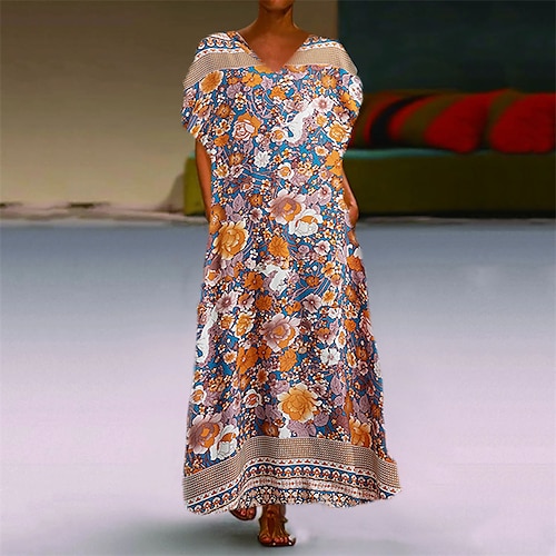 

Women's Shift Dress Maxi long Dress Dark Blue Orange Short Sleeve Floral Pocket Print Spring Summer V Neck Personalized Work Elegant 2022 M L