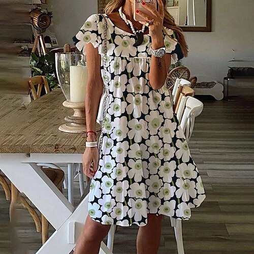 

Women's A Line Dress Knee Length Dress White Short Sleeve Floral Ruched Print Spring Summer Crew Neck Stylish Work Elegant 2022 S M L XL XXL